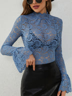 High Neck Bell Sleeve Slim Fit Paisley Lace Top For Women 2026