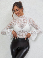 High Neck Bell Sleeve Slim Fit Paisley Lace Top For Women 2026