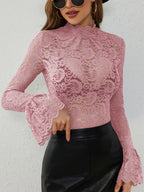 High Neck Bell Sleeve Slim Fit Paisley Lace Top For Women 2026