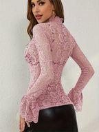 High Neck Bell Sleeve Slim Fit Paisley Lace Top For Women 2026