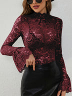High Neck Bell Sleeve Slim Fit Paisley Lace Top For Women 2026