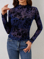 Mock Neck Flocking Floral Mesh Sheer Long Sleeve Skinny Top For Women 2026