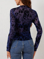 Mock Neck Flocking Floral Mesh Sheer Long Sleeve Skinny Top For Women 2026