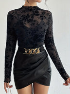 Mock Neck Flocking Floral Mesh Sheer Long Sleeve Skinny Top For Women 2026