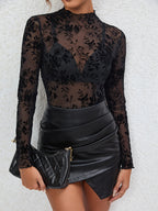 Mock Neck Flocking Floral Mesh Sheer Long Sleeve Skinny Top For Women 2026