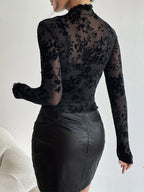 Mock Neck Flocking Floral Mesh Sheer Long Sleeve Skinny Top For Women 2026