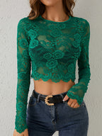 Floral Lace Long Sleeve Slim Fit Crop Top For Women 2026