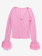 Pink Fur Cuff Women's Crop Cardigan - Y2K Ribbed Long Sleeve V-Neck Top - Sexy Clubwear Night Out Party Shrug 2026