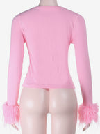 Pink Fur Cuff Women's Crop Cardigan - Y2K Ribbed Long Sleeve V-Neck Top - Sexy Clubwear Night Out Party Shrug 2026
