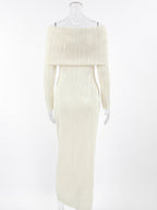 Pleated Off Shoulder Women's Maxi Dress - Elegant Cream Textured Bodycon Gown - Long Sleeve Party Wear 2026