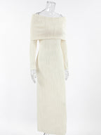 Pleated Off Shoulder Women's Maxi Dress - Elegant Cream Textured Bodycon Gown - Long Sleeve Party Wear 2026