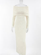 Pleated Off Shoulder Women's Maxi Dress - Elegant Cream Textured Bodycon Gown - Long Sleeve Party Wear 2026