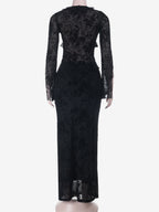 Black Flock Floral Women's 2 Piece Set - Tie Front Flare Sleeve Top & Maxi Skirt - Gothic Sheer Mesh Aesthetic Party Wear 2026