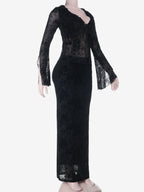 Black Flock Floral Women's 2 Piece Set - Tie Front Flare Sleeve Top & Maxi Skirt - Gothic Sheer Mesh Aesthetic Party Wear 2026