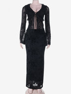Black Flock Floral Women's 2 Piece Set - Tie Front Flare Sleeve Top & Maxi Skirt - Gothic Sheer Mesh Aesthetic Party Wear 2026