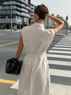 Oatmeal Linen Cotton Blend Women's Shirt Dress - Sleeveless Notched Lapel Long Dress With Pocket - Elegant Belted Summer Office Wear 2026