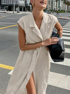 Oatmeal Linen Cotton Blend Women's Shirt Dress - Sleeveless Notched Lapel Long Dress With Pocket - Elegant Belted Summer Office Wear 2026