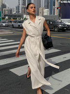 Oatmeal Linen Cotton Blend Women's Shirt Dress - Sleeveless Notched Lapel Long Dress With Pocket - Elegant Belted Summer Office Wear 2026