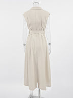 Oatmeal Linen Cotton Blend Women's Shirt Dress - Sleeveless Notched Lapel Long Dress With Pocket - Elegant Belted Summer Office Wear 2026