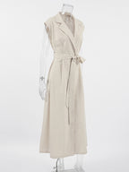 Oatmeal Linen Cotton Blend Women's Shirt Dress - Sleeveless Notched Lapel Long Dress With Pocket - Elegant Belted Summer Office Wear 2026