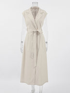 Oatmeal Linen Cotton Blend Women's Shirt Dress - Sleeveless Notched Lapel Long Dress With Pocket - Elegant Belted Summer Office Wear 2026