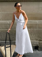 White 100% Cotton Women's Maxi Dress - Spaghetti Strap Ruched Bust Sundress - Sexy V-neck Ruffle Trim Beach Vacation Long Dress 2026