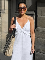 White 100% Cotton Women's Maxi Dress - Spaghetti Strap Ruched Bust Sundress - Sexy V-neck Ruffle Trim Beach Vacation Long Dress 2026