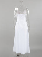 White 100% Cotton Women's Maxi Dress - Spaghetti Strap Ruched Bust Sundress - Sexy V-neck Ruffle Trim Beach Vacation Long Dress 2026