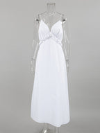 White 100% Cotton Women's Maxi Dress - Spaghetti Strap Ruched Bust Sundress - Sexy V-neck Ruffle Trim Beach Vacation Long Dress 2026