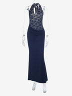 Navy Blue Halter Women's Maxi Dress - Asymmetric Lace Patchwork Backless Gown - Sexy Bodycon Summer Birthday Party Wear 2026