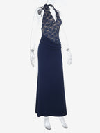Navy Blue Halter Women's Maxi Dress - Asymmetric Lace Patchwork Backless Gown - Sexy Bodycon Summer Birthday Party Wear 2026