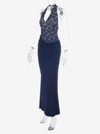 Navy Blue Halter Women's Maxi Dress - Asymmetric Lace Patchwork Backless Gown - Sexy Bodycon Summer Birthday Party Wear 2026