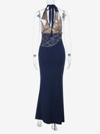 Navy Blue Halter Women's Maxi Dress - Asymmetric Lace Patchwork Backless Gown - Sexy Bodycon Summer Birthday Party Wear 2026
