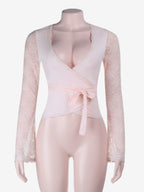 Baby Pink Wrap Front Women's Top - Sheer Lace Sleeve Date Night Blouse - Sexy Plunge Neck Balletcore Aesthetic Romantic Spring Top 2026