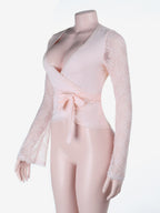 Baby Pink Wrap Front Women's Top - Sheer Lace Sleeve Date Night Blouse - Sexy Plunge Neck Balletcore Aesthetic Romantic Spring Top 2026