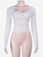 White Floral Lace Sheer Women's Crop Top - Scalloped Square Neck Long Sleeve Blouse - Coquette Aesthetic French Romantic Going Out Top 2026