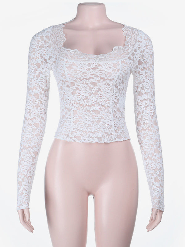 White Floral Lace Sheer Women's Crop Top - Scalloped Square Neck Long Sleeve Blouse - Coquette Aesthetic French Romantic Going Out Top 2026
