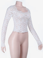 White Floral Lace Sheer Women's Crop Top - Scalloped Square Neck Long Sleeve Blouse - Coquette Aesthetic French Romantic Going Out Top 2026