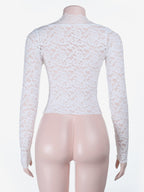 White Floral Lace Sheer Women's Crop Top - Scalloped Square Neck Long Sleeve Blouse - Coquette Aesthetic French Romantic Going Out Top 2026