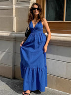Royal Blue 100% Cotton Women's Maxi Dress - Criss Cross Backless Strappy Sundress - V-neck Summer Beach Vacation Dress 2026