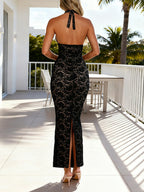 Black Lace Overlay Women's Maxi Dress - Halter Backless Nude Lining Gown - Sexy Bodycon Night Out Party Dress 2026