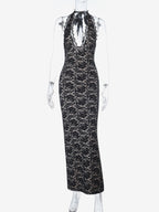 Black Lace Overlay Women's Maxi Dress - Halter Backless Nude Lining Gown - Sexy Bodycon Night Out Party Dress 2026