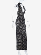 Black Lace Overlay Women's Maxi Dress - Halter Backless Nude Lining Gown - Sexy Bodycon Night Out Party Dress 2026