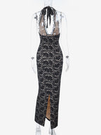 Black Lace Overlay Women's Maxi Dress - Halter Backless Nude Lining Gown - Sexy Bodycon Night Out Party Dress 2026