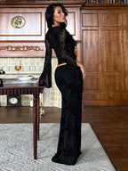 Black Flock Floral Women's 2 Piece Set - Tie Front Flare Sleeve Top & Maxi Skirt - Gothic Sheer Mesh Aesthetic Party Wear 2026