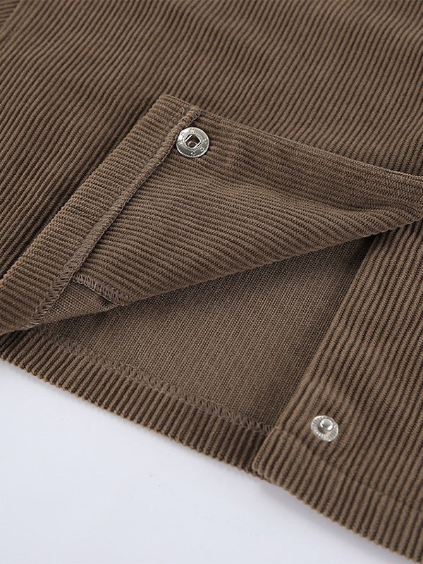 Brown Corduroy Women's Cropped Jacket - Oversized Utility Top - Maillard Style Streetwear Casual Daily Outfits 2026