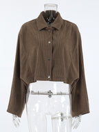 Brown Corduroy Women's Cropped Jacket - Oversized Utility Top - Maillard Style Streetwear Casual Daily Outfits 2026