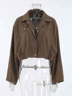 Brown Corduroy Women's Cropped Jacket - Oversized Utility Top - Maillard Style Streetwear Casual Daily Outfits 2026