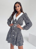 Vintage Ditsy Floral Women's Tea Dress - Puff Sleeve Belted Mini Dress - Pointed Collar Romantic Date Night Outfits 2026