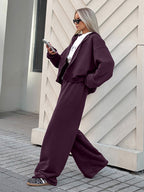 Athleisure Set For Active Women - Plum Hooded Zip-up Wide Leg Tracksuit - 2026 Spring Lounge & Yoga Wear